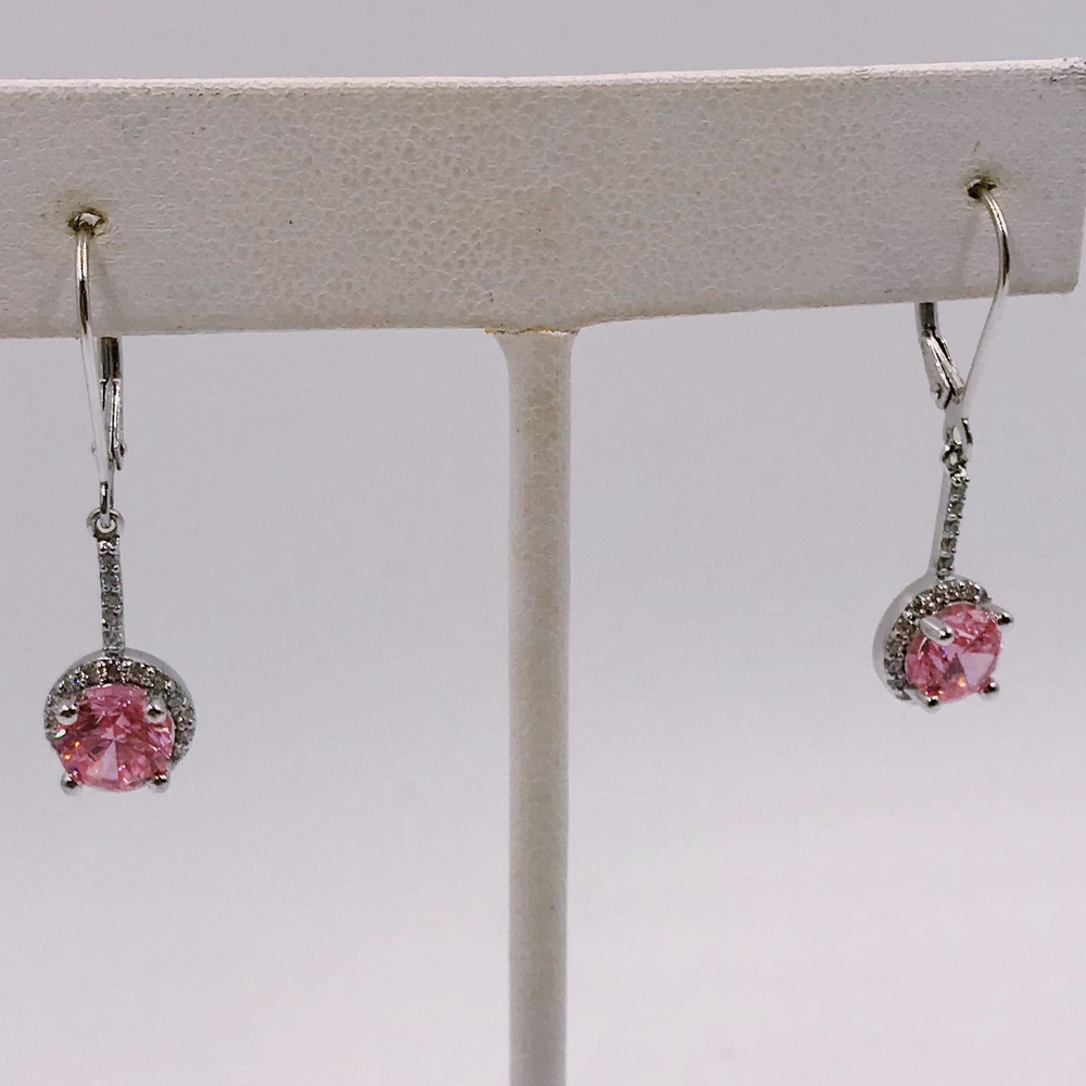 Pink CZ + White CZ Sterling Silver Drop Earrings - Picture 4 of 5